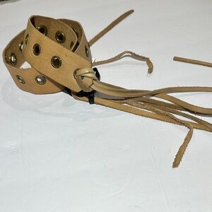 Vintage Tan Suede leather Belt with Grommets  and fringe ties 24-36”